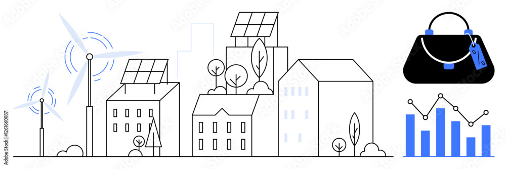 Urban scene with buildings featuring solar panels, wind turbines, trees ...