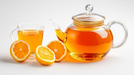 Glass teapot and cup with orange tea and fresh oranges on a white isolated background. Generative AI