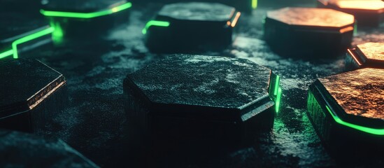 Aufkleber - Futuristic Hexagonal Blocks, Glowing Green, Dark Surface