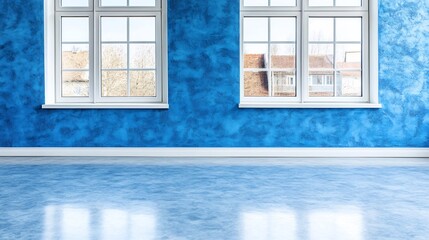 Wall Mural - Serene blue room interior subtly lit showcasing textured walls and polished floor. AI Generated