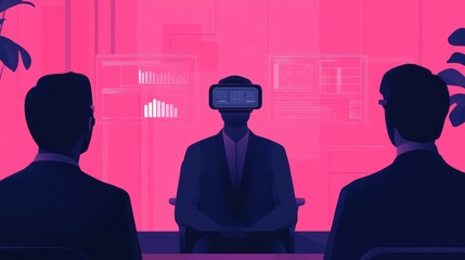 Wall Mural - Business Meeting with Virtual Reality Concept, Modern Office Setting, Two People Engaging with a Third Participant Using VR Technology for Data Analysis and Insights