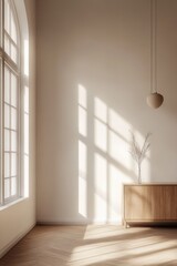 Sticker - Sunlit room interior, minimalist cabinet, hardwood floor, arched window, calm background, home decor