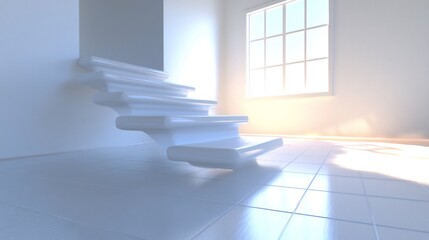 Wall Mural - Bright sunlit room features elegant white staircase ascending towards window. AI Generated