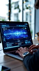 Person using laptop with facial recognition software displayed on screen.