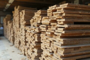 Wall Mural - Close up of neatly stacked light brown wooden planks in warehouse with focus on texture