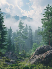 Wall Mural - Serene forest landscape with misty mountains and lush greenery.