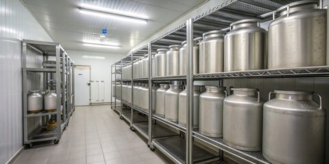 Modern dairy processing facility features rows of stainless steel storage containers