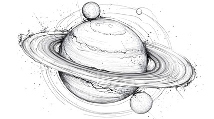 saturn and its moons are sketched in black and white