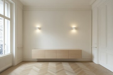 Wall Mural - Modern light oak media console in minimalist apartment, herringbone floor