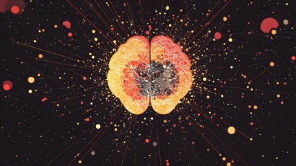 Wall Mural - an orange stylized human brain emits light and connections
