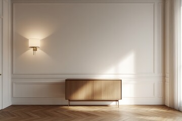 Wall Mural - Sunlight on wooden cabinet in minimalist room