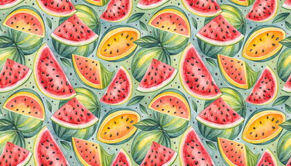 Hand drawn watercolor colorful watermelon fruit slices seamless pattern summer background