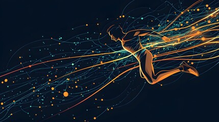 Wall Mural - Digital athlete leaps forward amidst glowing data streams in darkness