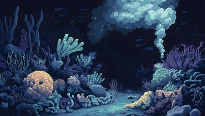 Wall Mural - pixel art coral reef night scene with plume