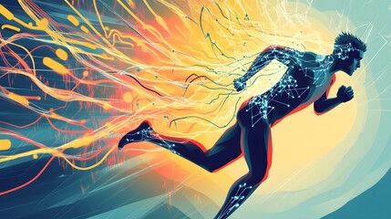 Wall Mural - digital runner dashes forward leaving trails of energy behind