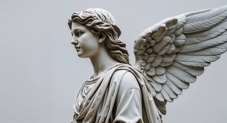 Wall Mural - angel statue side view portrait on plain white background