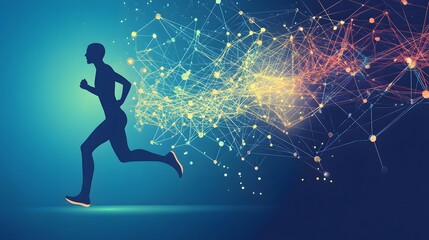 Wall Mural - Silhouette of a runner connected to abstract network background