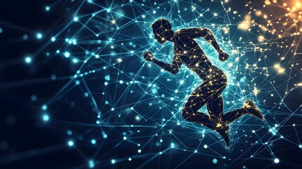 Wall Mural - Digital runner silhouette connected by glowing network of lines