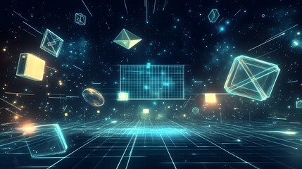 Wall Mural - abstract futuristic space filled with geometrical shapes and grid