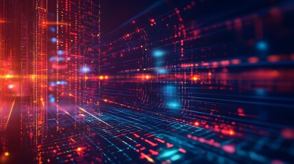 Wall Mural - digital city constructed from binary code glows in blue and red