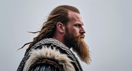 Canvas Print - Norse berserker side view portrait on plain white background