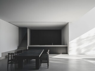 Wall Mural - Modern minimalist dining room, sunlight, stairs, kitchen