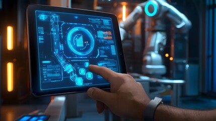 Wall Mural - man controls robotic arm through tablet interface and programming