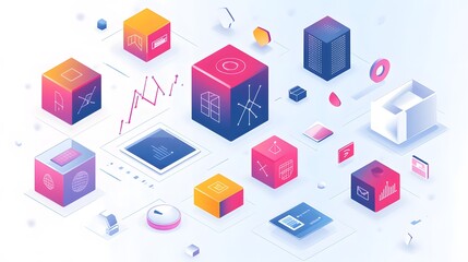 Wall Mural - isometric illustration depicting various application interfaces and geometric shapes
