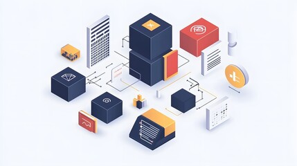 Wall Mural - abstract isometric illustration shows connected network of digital elements