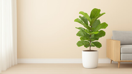 Wall Mural - Fiddle Leaf Fig in Minimalist Living Room: A vibrant fiddle leaf fig plant stands tall in a modern living room setting, adding a touch of natural elegance to the minimalist design. The plant's large.