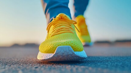 Aufkleber - Vibrant Urban Running Sneaker Close-Up on Bright Yellow Knit and Textured Sole on Concrete - Activewear Innovation for Modern Athletes and Dynamic City Workouts
