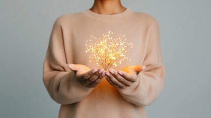 Aufkleber - Soft Minimalism Womans Hands Cradling Glowing Abstract Network - Digital Care Imagery for Tech Marketing and Emotional Support Services