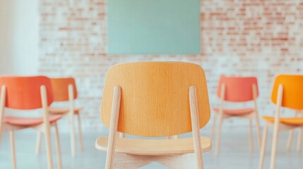 Poster - Mid-Century Modern Classroom Design Vibrant Wooden Chairs in Industrial-Brick Setting - Enhancing Collaborative Learning for Professional Educational Spaces