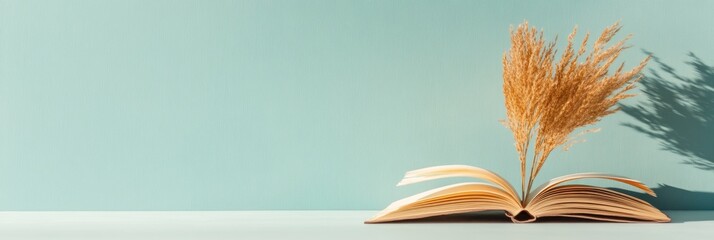 Poster - Minimalist Educational Display Open Book with Fanned Pages and Laptop on Matte Surface - Innovative Learning Content and Sleek Study Space for Modern Students