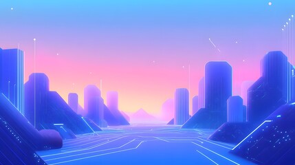 Wall Mural - digital landscape with geometric city and circuit board patterns