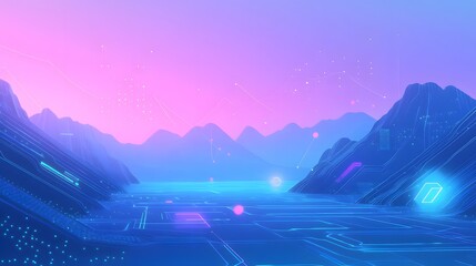 Wall Mural - futuristic landscape with glowing circuitry and mountain silhouettes