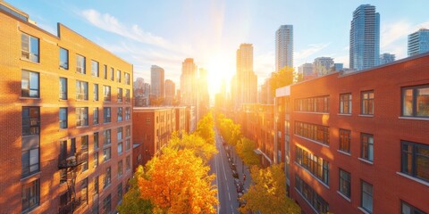 Leinwandbilder - Vibrant Urban Panorama Brick Facades in Downtown - Contemporary City Living Appeal, Real Estate Visualization and Modern Transit-Oriented Development Showcase