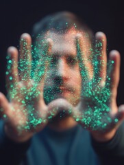 Poster - Futuristic Holographic Interface Virtual Hands with Digital Patterns in Neon Texture - Innovative Tech for Interactive Design and Immersive Experience Showcases