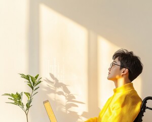 Poster - Minimalist Digital Innovation A Korean Tech Enthusiast in Wheelchair Analyzing Data on Adaptive Laptop - Modern Home Office and Inclusive Finance Trends