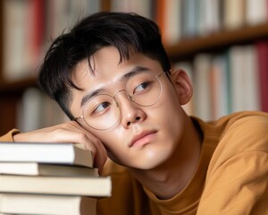 Fototapete - Mindful Study Aesthetic East Asian Student in Cozy Library with Books - Visual Content for Education Wellness and Stress Relief Marketing