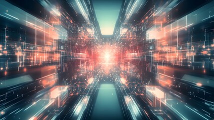 Wall Mural - digital tunnel with glowing particles and geometric shapes surrounding