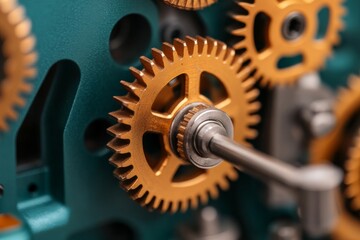 Aufkleber - Industrial Precision Aesthetic Brass Gear Mechanisms on Teal Metal Surface - Technical Leadership and Business Synergy for Modern Manufacturing Integration