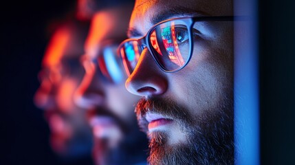 Aufkleber - Futuristic Tech Aesthetics Cybersecurity Specialists Analysis in Dim Office - Network Security Optimization and IT Protection Solutions for Modern Business Efficiency