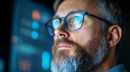 Aufkleber - Futuristic Cybersecurity Workspace Bearded Specialist Analyzing Threat Detection on Blue-Tinted Monitors Enhancing IT Security and Network Defense Strategy