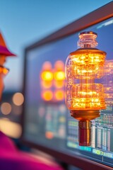 Fototapete - Futuristic Industrial Control Room Neon-Lit Glass Components and Digital Displays in Operations Monitoring - Advanced Facility Management and IoT Integration for Efficiency