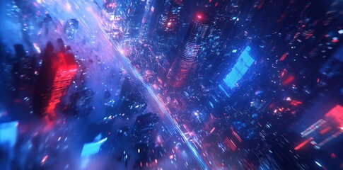 Wall Mural - abstract futuristic background with blue glowing lights and a blurred data center or server room in 
