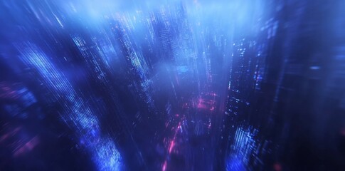 Wall Mural - abstract futuristic background with blue glowing lights and a blurred data center or server room in 