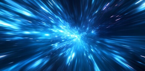 Wall Mural - abstract futuristic background with blue glowing lights and a blurred data center or server room in 