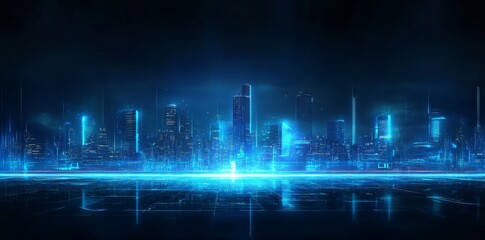 Wall Mural - abstract futuristic background with blue glowing lights and a blurred data center or server room in 