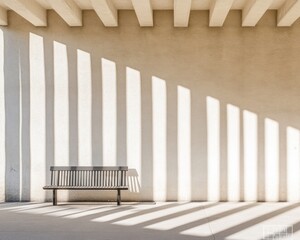 Poster - Minimalist Outdoor Design Linear Shadowed Bench in Sunlit Concrete Space - Architectural Aesthetic and Urban Planning for Modern Public Environments
